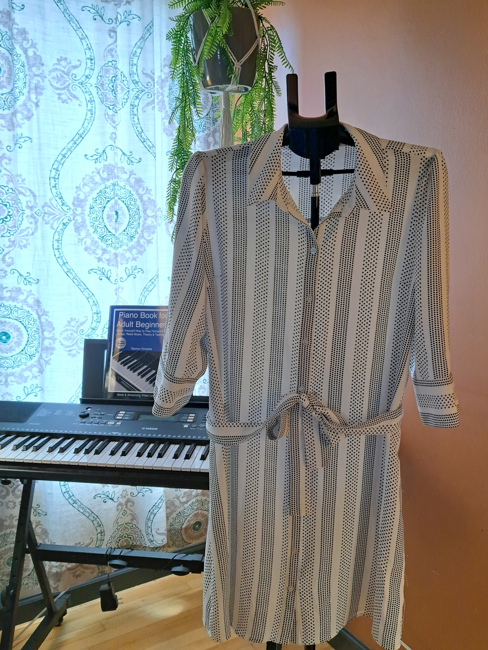 Fred David White and Black Striped Midi Shirt Dress with Tie Waist